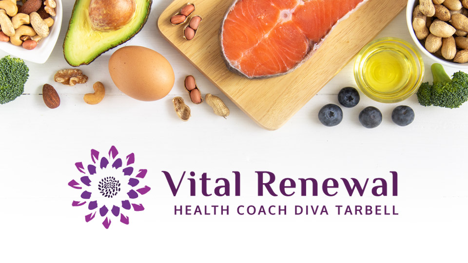 Image of healthy food with the logo for Vital Renewal, a minimal purple flower burst shape.