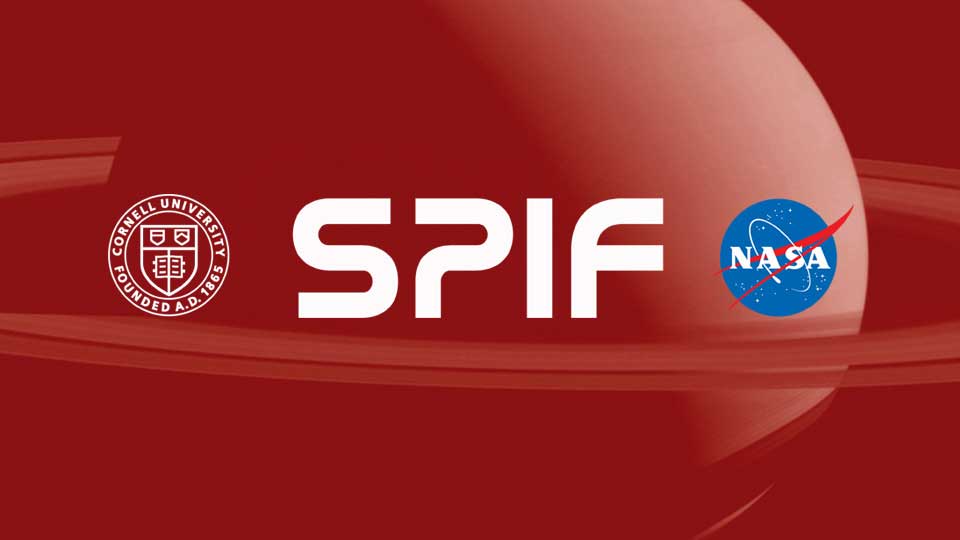 Portfolio slide for NASA SPIF @ Cornell University, logo over an image of Saturn washed in NASA red tint.
