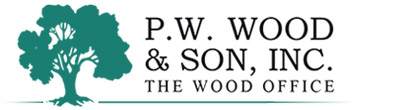 Logo for P.W. Wood & Son, Inc. The Wood Office - graphic of big leafy tree, green silhouette.