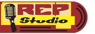 Logo for REP Studio, yellows and red blocks and curved with a black silhouette of a vintage microphone.