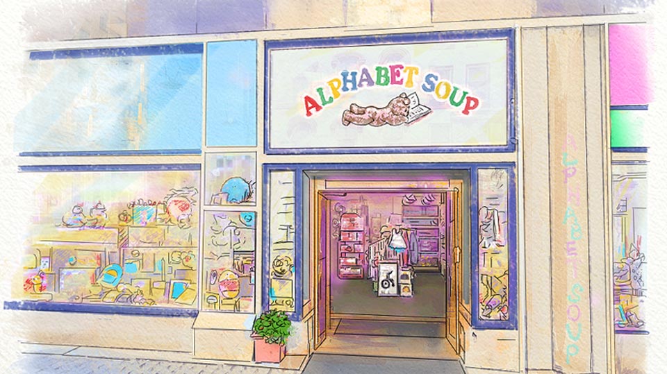Portfolio image: illustration created for Alphabet Soup, soft colored pencil art of their storefront.