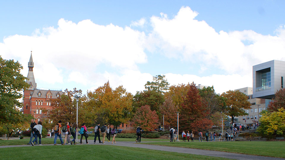 Portfolio Image: photograph of students on a college campus, fall time foliage around.