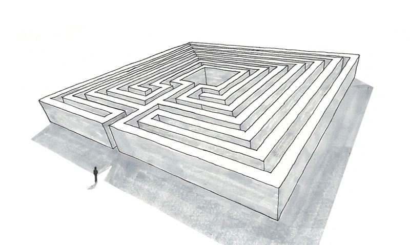 Portfolio Image: illustration of a figure approaching a labyrinth entrance, modeled after the company logo.