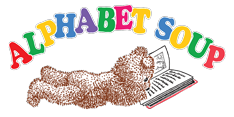 Logo for Alphabet Soup, teddy bear reading a book with a rainbow of puffy letters ALPHABET SOUP