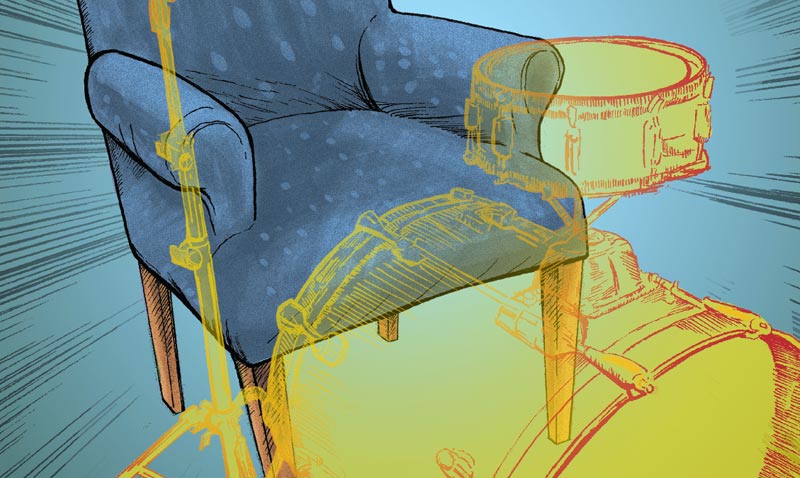 Portfolio image: colorful section of art made for the Armchair Drummer book and website; hot red and yellow semi-transparent drum kit with the blue armchair behind.