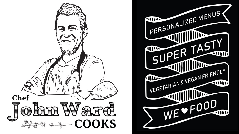 Portfolio Image: illustration montage, materials made for Chef John Ward Cooks - portrait of Chef John and chalkboard style ribbon title art.