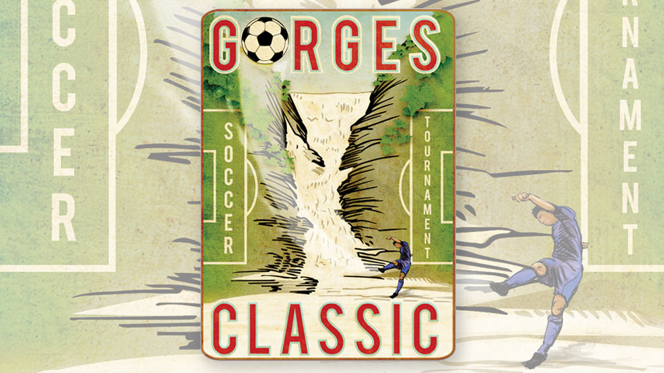 Portfolio Image: illustration for GORGES CLASSIC SOCCER TOURNAMENT, a soccer player kicking a soccer ball from the base of a waterfall swooshing up.
