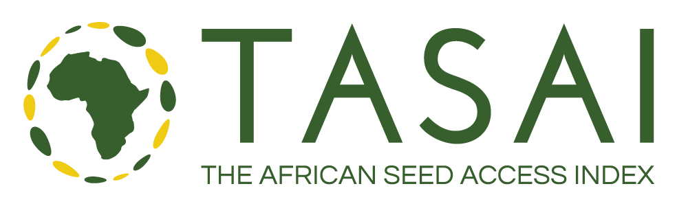 Logo for TASAI The African Seed Access Index, Continent of Africa in dark green, encircled by yellow and green seed shapes.