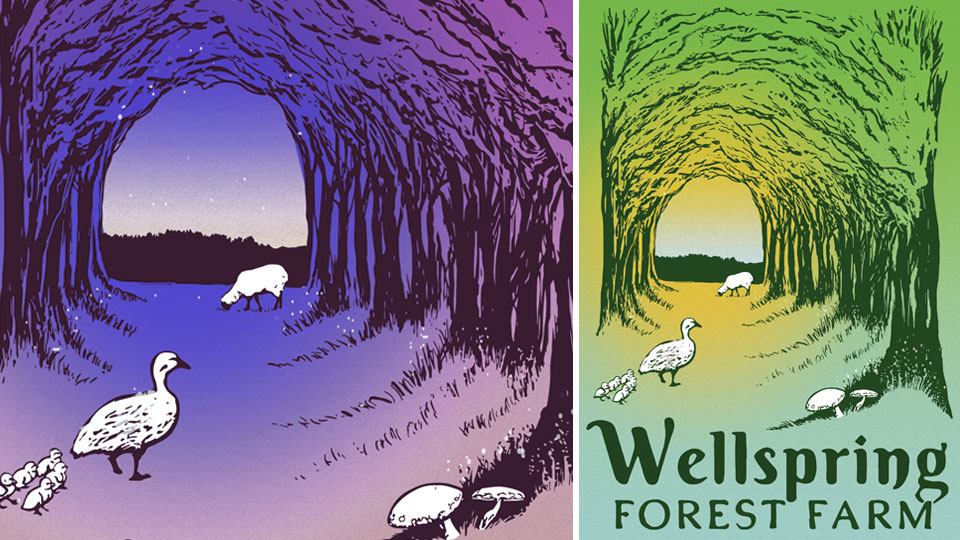 Portfolio Image- Montage of logo art for Wellspring Forest Farm: an evening scene in purples and a spring scene in yellows and greens - goslings following their mother goose, 2 distinct mushrooms and a sheep grazing; all nestled by trees under the canopy of their branches. 