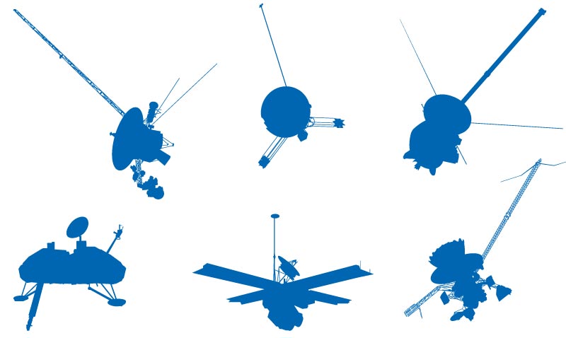 Portfolio image: hand-rendered silhouettes in NASA blue of variety of NASA space probes, whose data is included at SPIF at Cornell.