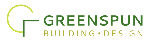 Logo for Greenspun Building and Design, Green and Gold theme, logo graphic light green semi-circle and dark green right angle.
