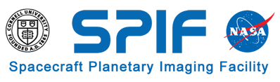 Logo for SPIF - Spacecraft Planetary Image Facility- flanked by logos for Cornell University and NASA.