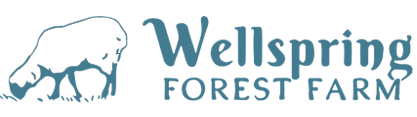 Logo for Wellspring Forest Farm, a sheep grazing next to business title.