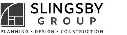 Logo for the Slingsby Group - Planning, Design, Construction.  Matte grey on white, architectural arc and right angled lines on a slightly raised block.