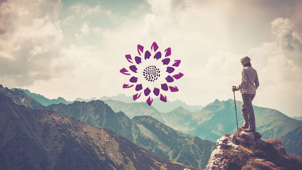 Image of a hiker overlooking a mountain range, overlaid and centered is the semi-transparent Vital Renewal logo, radial design of purple flower petals.