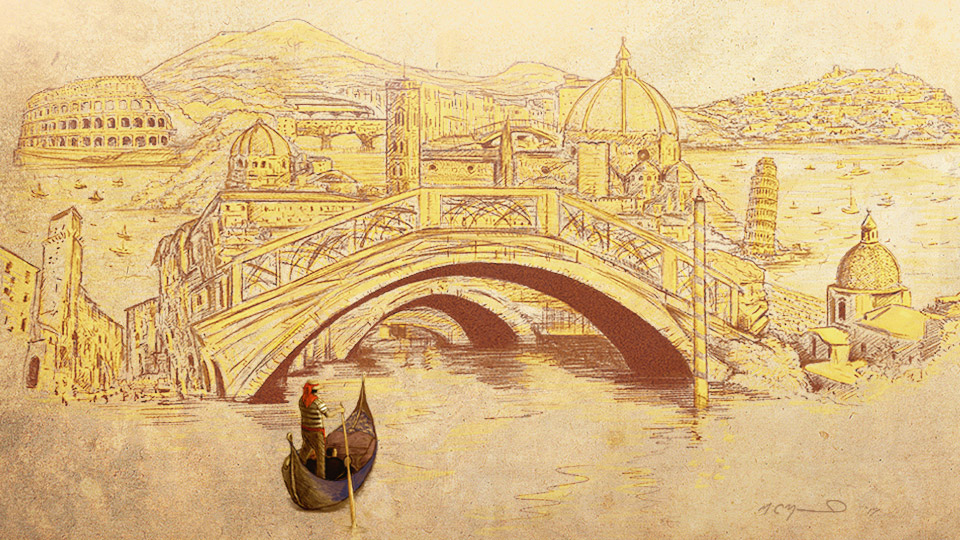 Portfolio Image: Illustration of a golden scne of a gondolier approaching a montage of hand drawn illustrations of various historic landmarks of Italy - bridges, cathedrals and coastal towns.