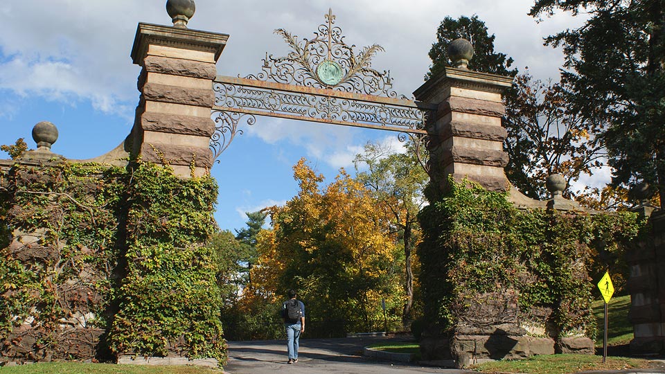 Student walking to campus through large ivy gate