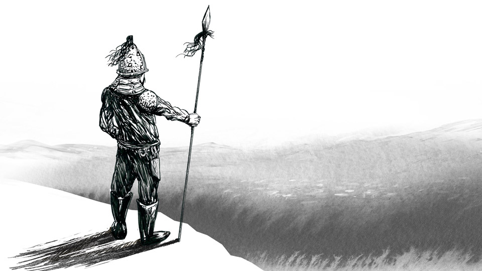 Black and White Ink drawing of Genghis Khan overlooking a landscape.