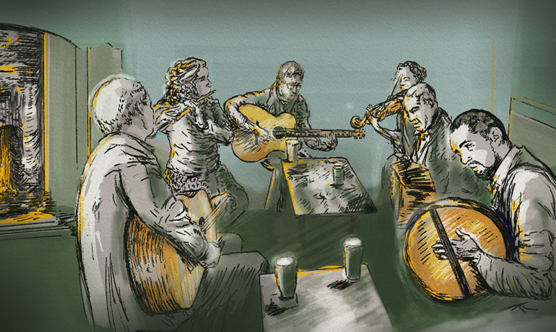 Musicians Jamming in Irish Pub, marketing illustration by Camilo Nascimento in Ithaca, New York