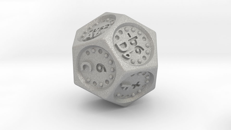 digital image of 3d printed 12-sided dice by Arhanta Studio with music theory, minor flat 6 chord in D Flat and C major 6 chord in view.