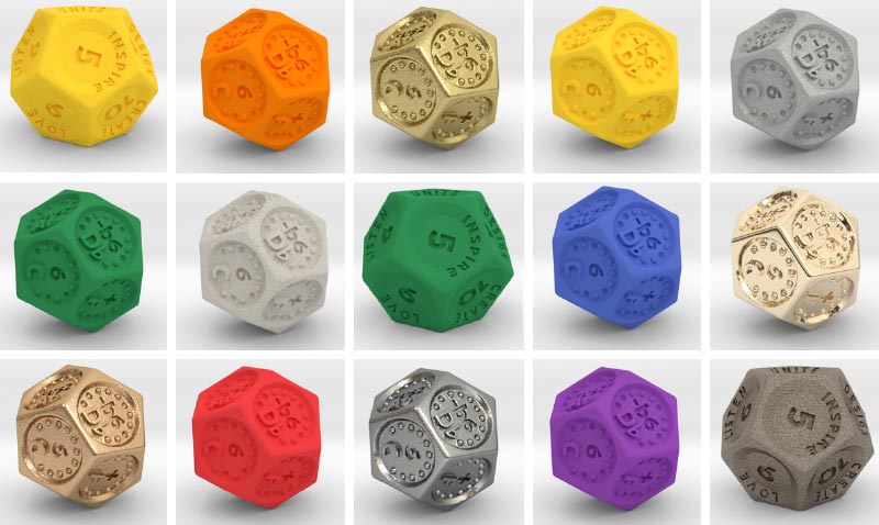 Image grid of 15 dice in various materials, yellow, orange, yellow, red, silver and gold of the music and words dice