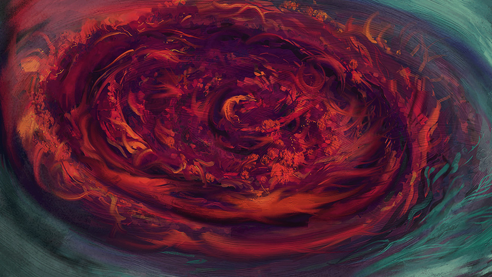 Digital painting of the storm found on the North Pole of planet Saturn.