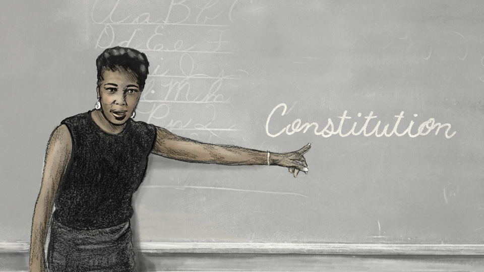 Illustration of Dorothy Foreman Cotton standing and pointing to the word Constitution, written in cursive on the chalkboard aside and behind her.
