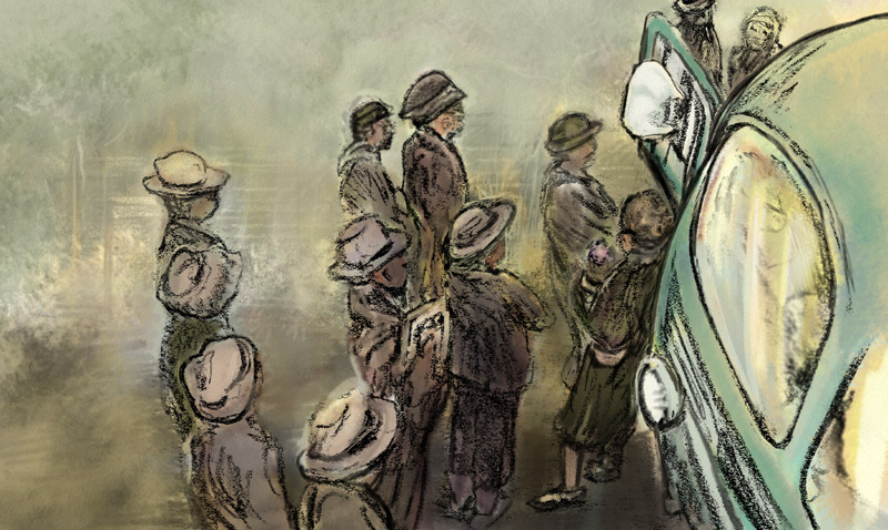 Illustration- 1950s era, about a dozen folks gathering around and waiting to get onto the VW bus, from the story of civil rights activist and bus driver Esau Jenkins.