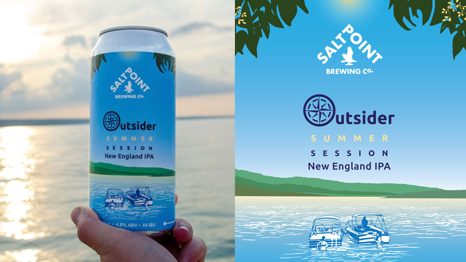 Custom illustration of beer label Outsider Summer Session New England IPA. A woodcut feel of 2 small boats on a summer day floating in Cayuga Lake, a couple female figures standing relaxed in the water near each boat.