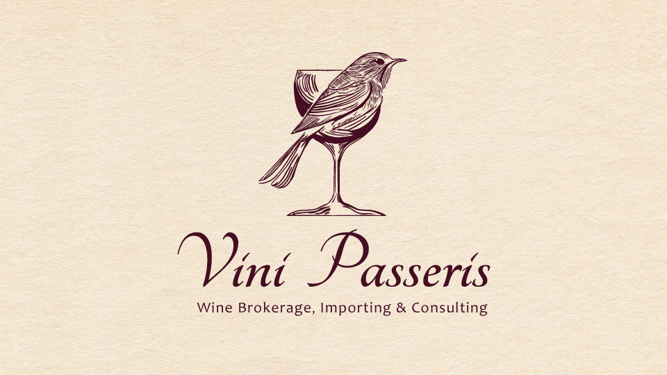 Logo - Vini Passeris- graphic of a sparrow visually merged with a glass of wine