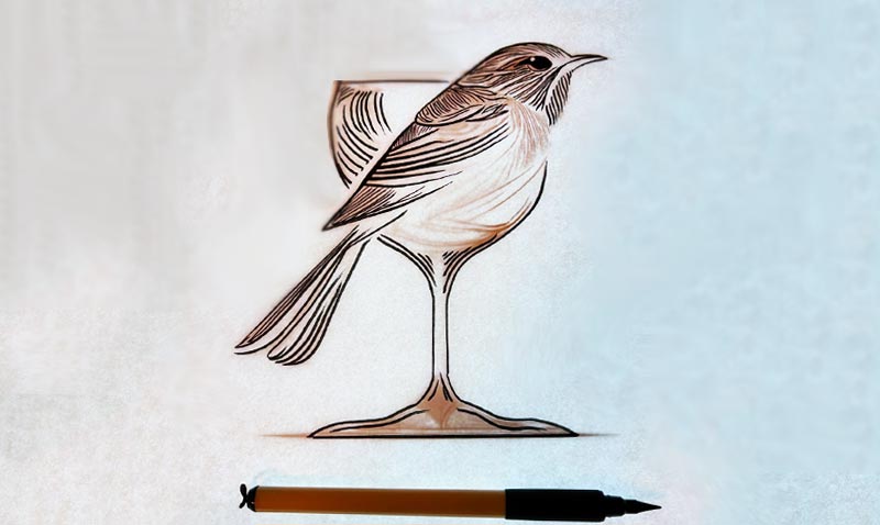 Inking process for Logo- Vini Passeris- graphic of a sparrow visually merged with a glass of wine