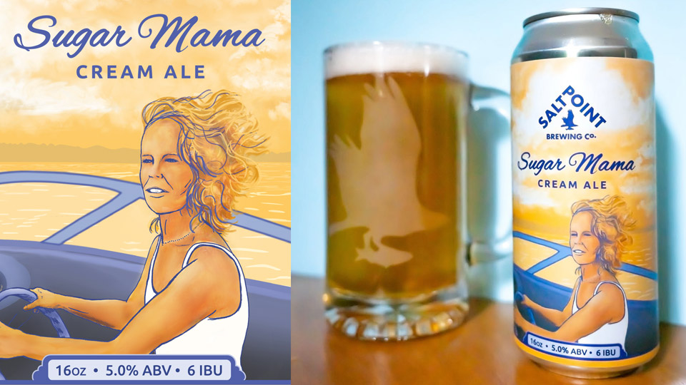 Beer label art for Salt Point Bewing Co, The Sugar Mama Cream Ale. Friend of the brewery Bonny, driving a boat on Cayuga lake, in cream and purple colors.